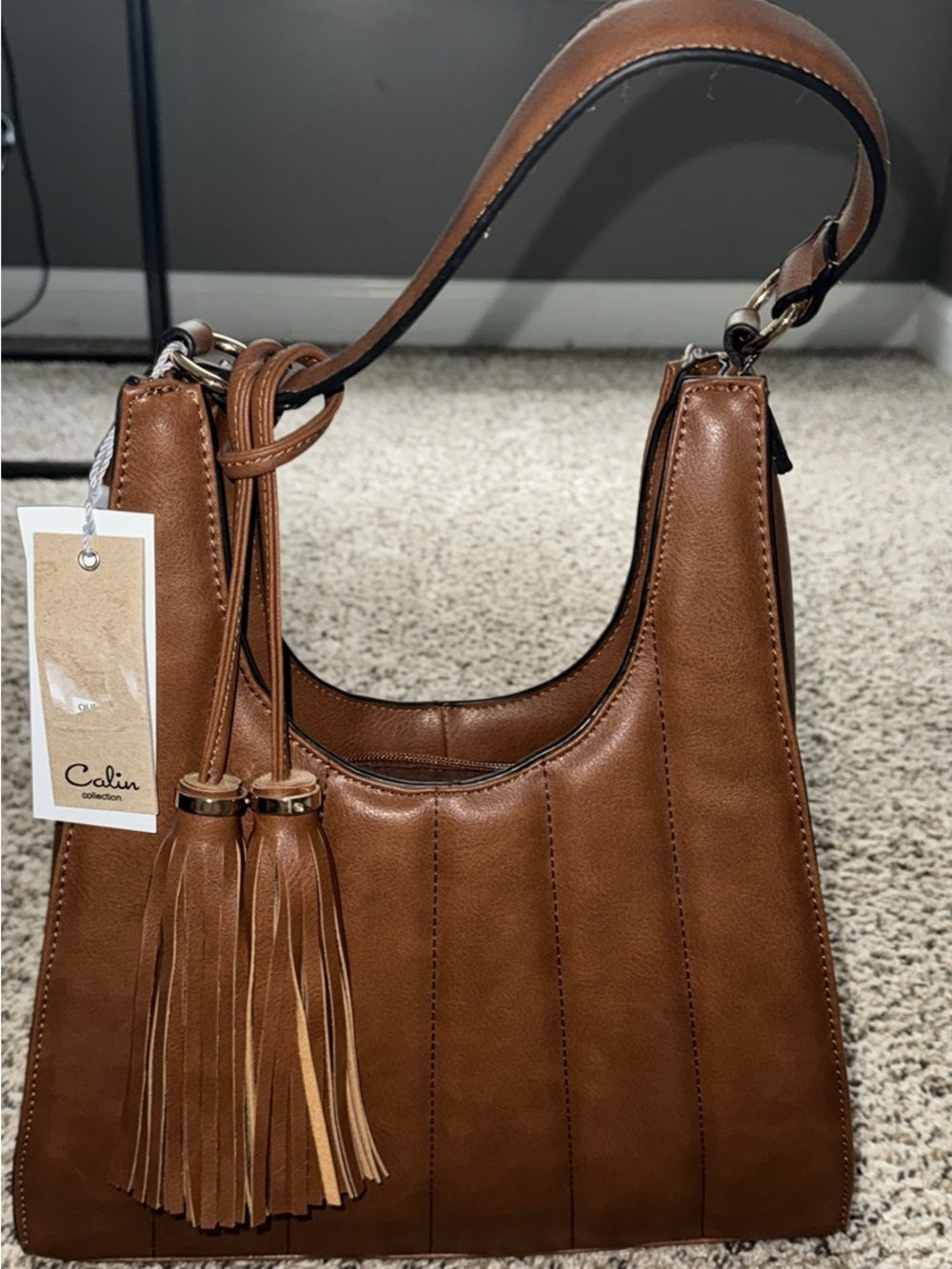 Calin Collection Chestnut Leather Tassel Shoulder Bag